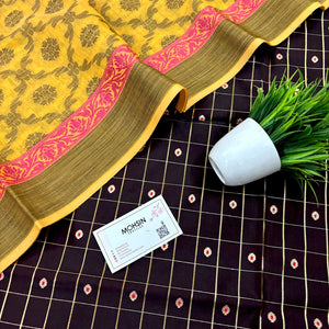 Brown Shataranj Banarasi Silk Suit With Yellow Dupatta