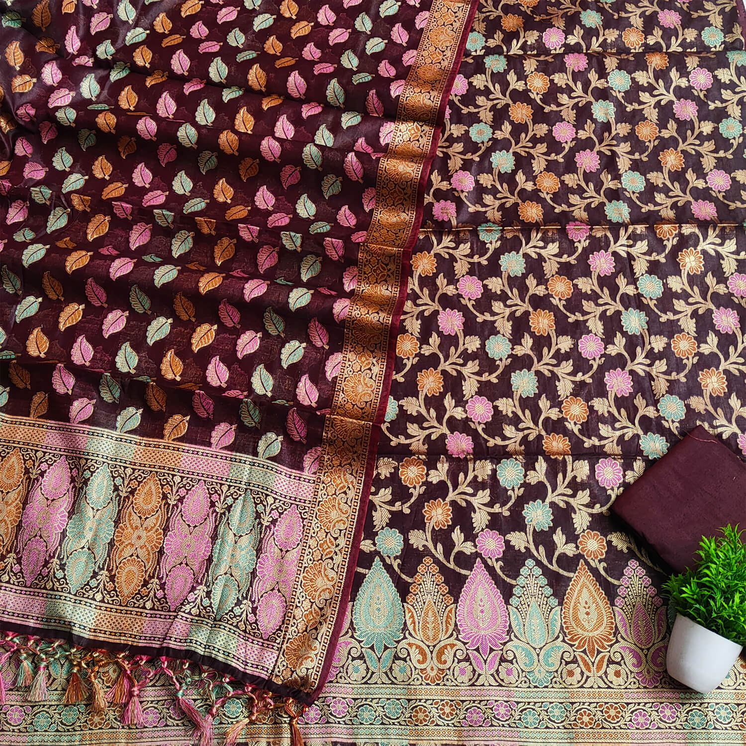 Dark Brown Tilfi Meenakari Satin Silk Banarasi Suit
