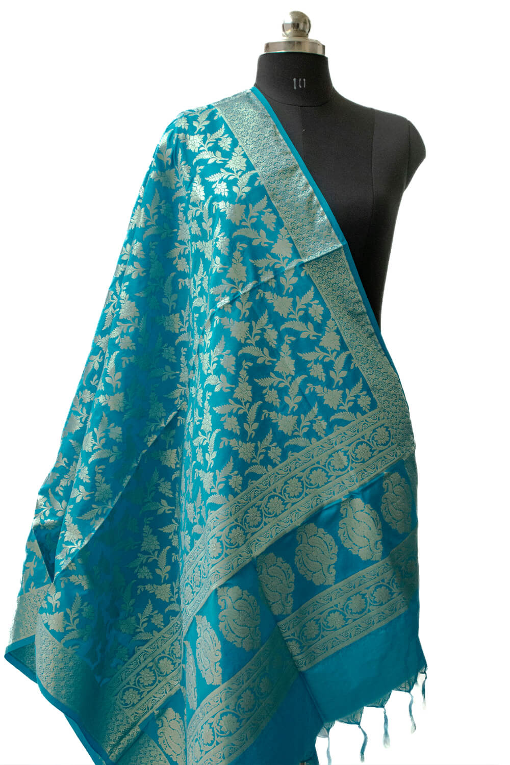 Firozi Golden Zari Katan Silk Banarasi Dupatta