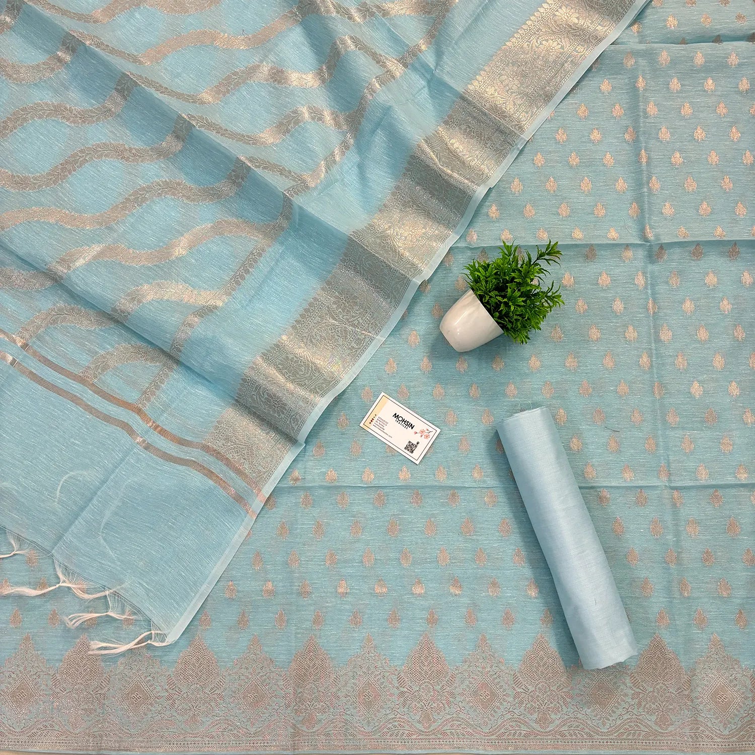 Firozi Golden Zari Linen Silk Banarasi Suit