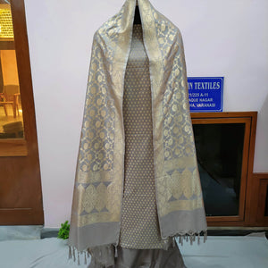 Grey Chunri Pattern Katan Silk Banarasi Suit