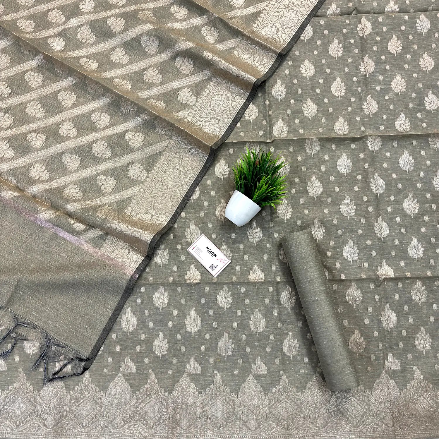 Grey Pankh Buti Satin Silk Banarasi Suit