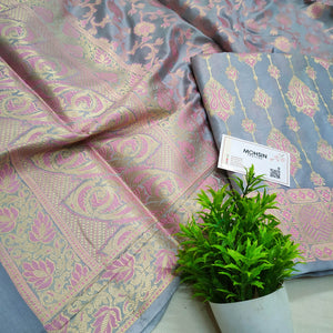 Grey Pink Meena Katan Silk Banarasi Suit