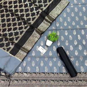 Grey and Black Phooldaan Buti Satin Silk Banarasi Suit