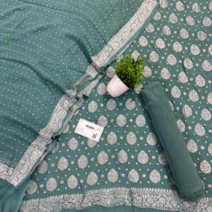 Light Firozi Golden Zari Pure Georgette Silk Banarasi Suit