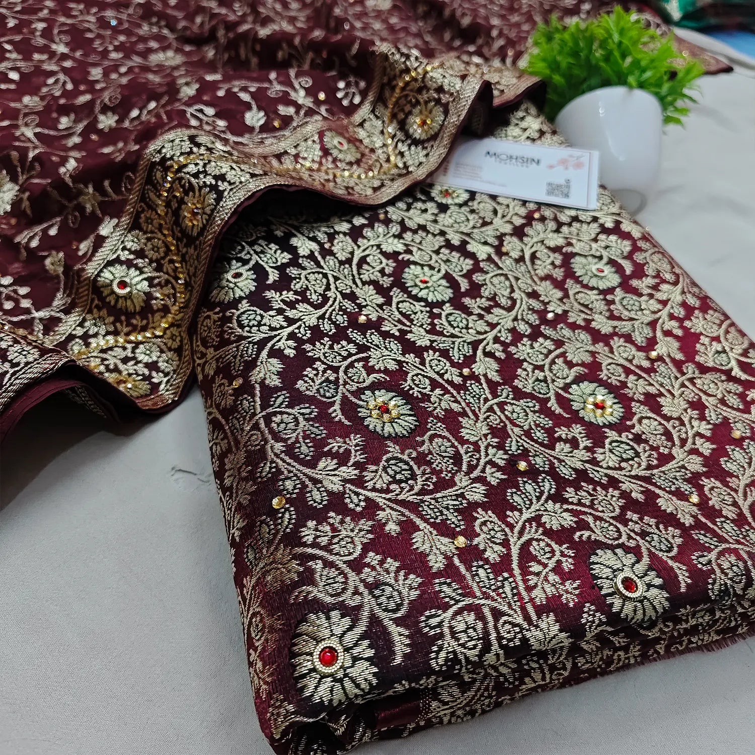 Wine Stone Work Kimkhab Silk Banarasi Gharara