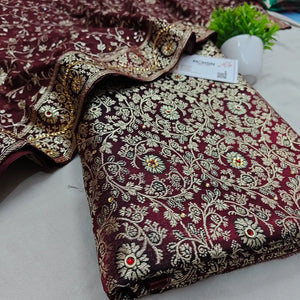 Wine Stone Work Kimkhab Silk Banarasi Gharara