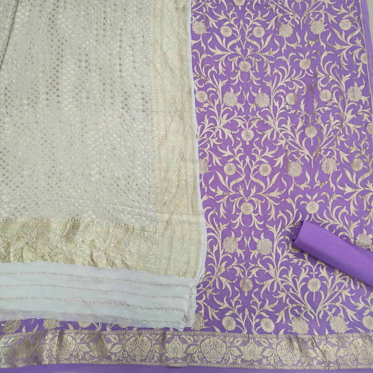 Mauve and White Handloom Georgette Silk Banarasi Suit