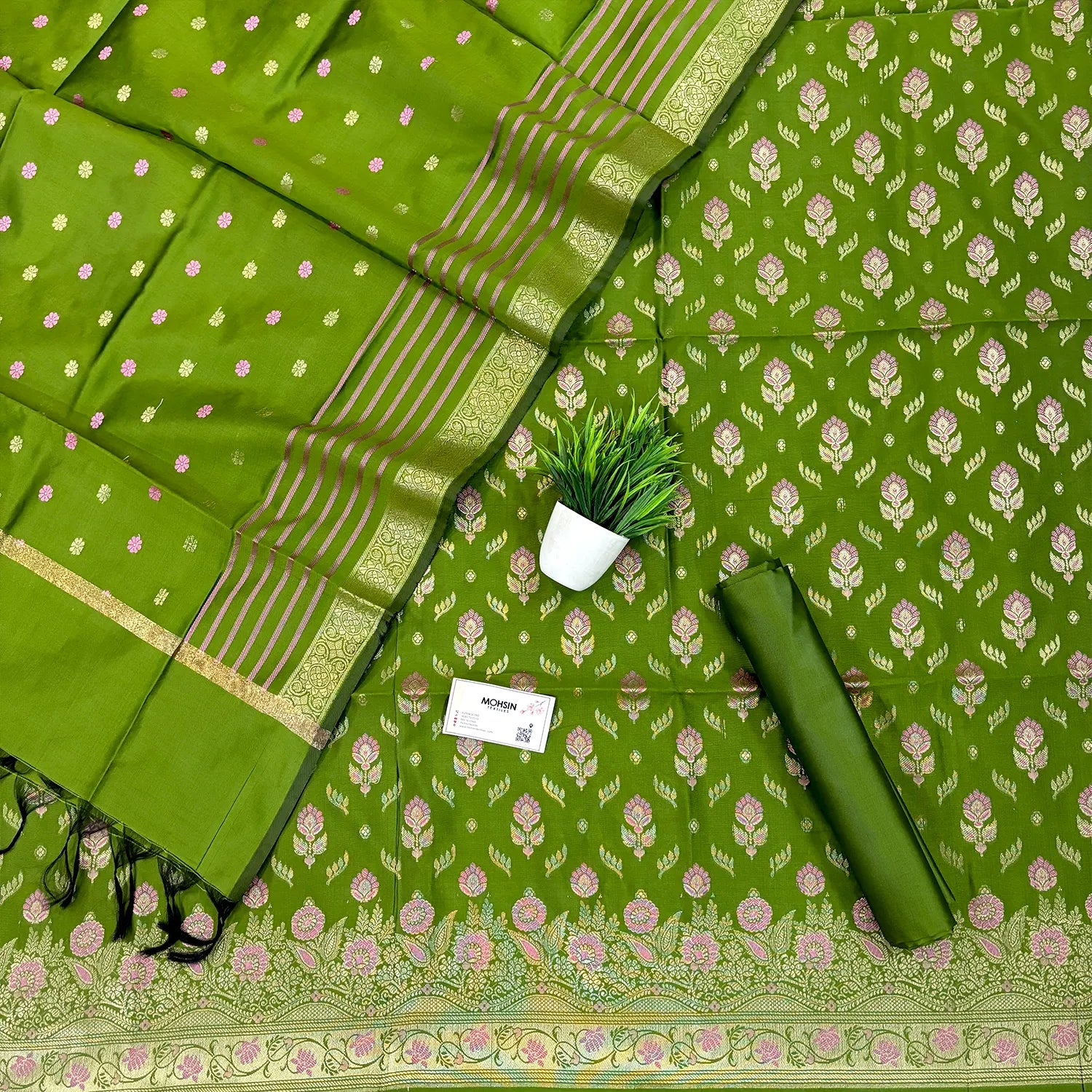 Mehendi Golden Zari Satin Silk Banarasi Suit