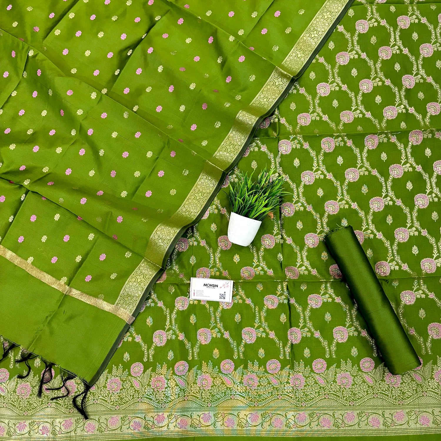 Mehendi Golden Zari Satin Silk Banarasi Suit