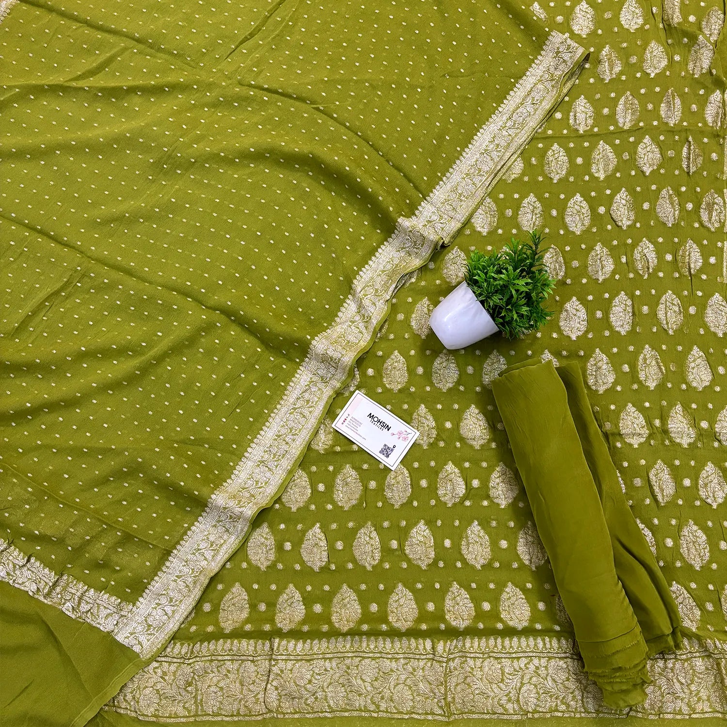 Mehendi Golden Zari Pure Georgette Silk Banarasi Suit