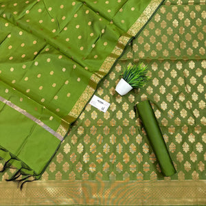 Mehendi Tri Phool Satin Silk Banarasi Suit