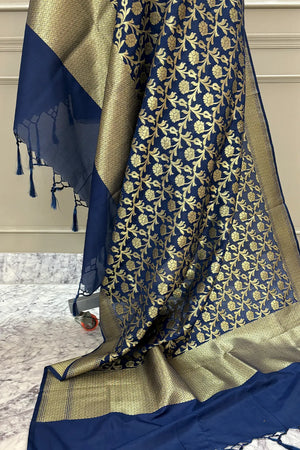 Navy Blue Golden Zari Satin Silk Banarasi Dupatta