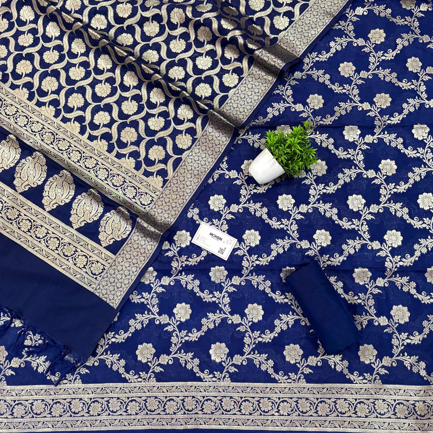 Navy Blue Kashmiri Jaal Katan Silk Banarasi Suit