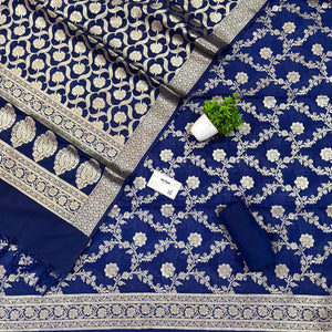 Navy Blue Kashmiri Jaal Katan Silk Banarasi Suit