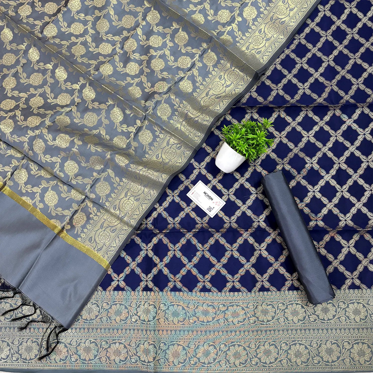 Navy Blue and Grey Zanjeer Satin Silk Banarasi Suit