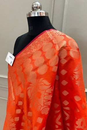Orange Golden Zari Banarasi Silk Dupatta