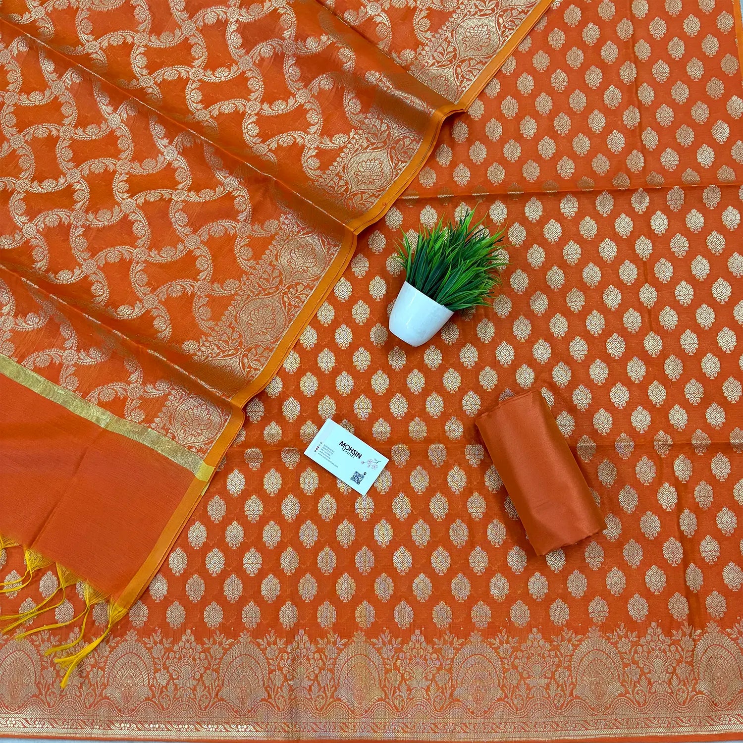 Orange Golden Zari Resham Silk Banarasi Suit