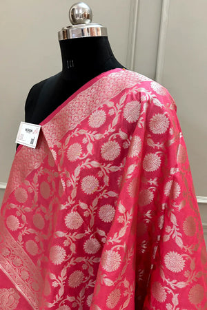 Peach Golden Zari Katan Silk Banarasi Dupatta