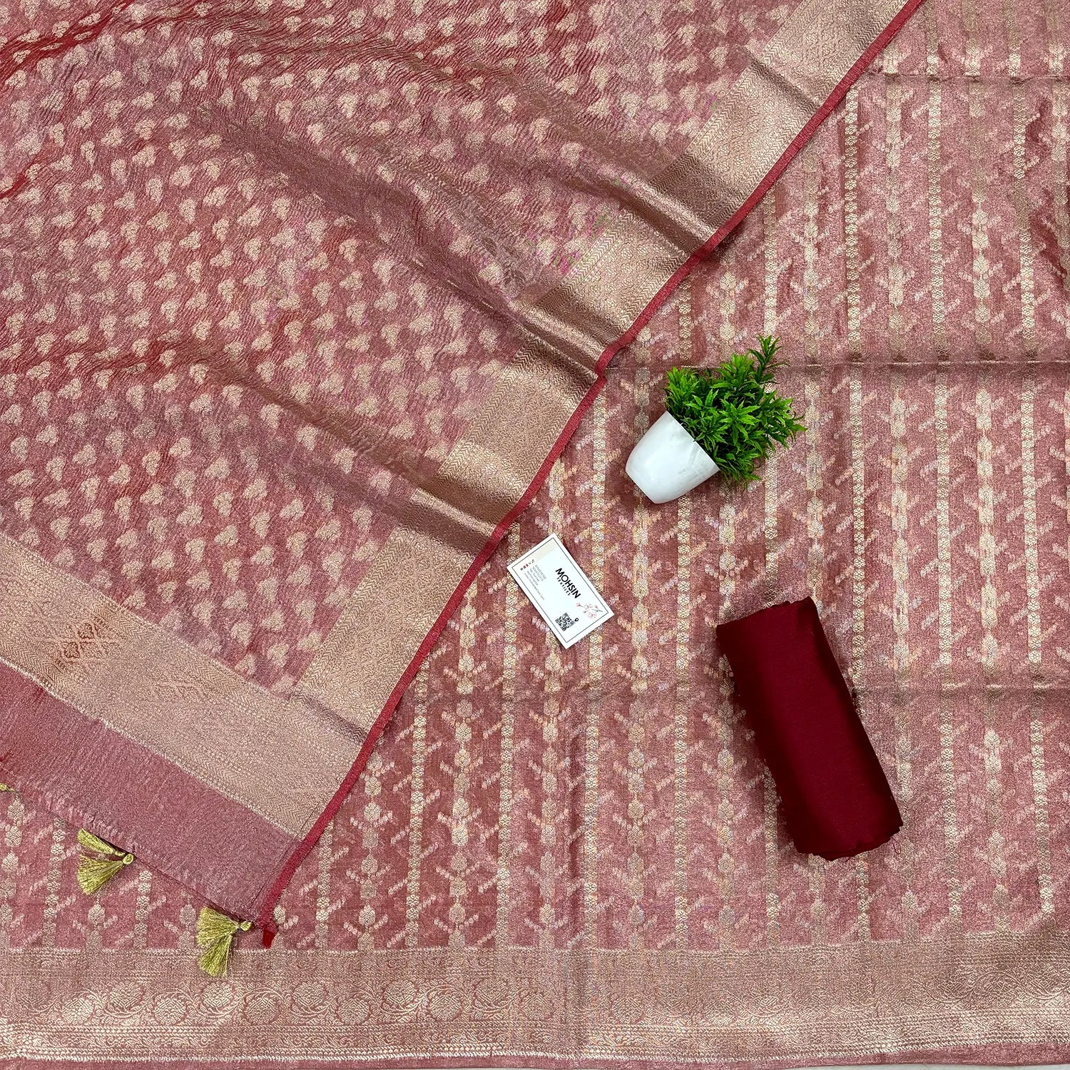 Peach Golden Zari Tissue Silk Banarasi Suit