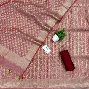 Peach Golden Zari Tissue Silk Banarasi Suit