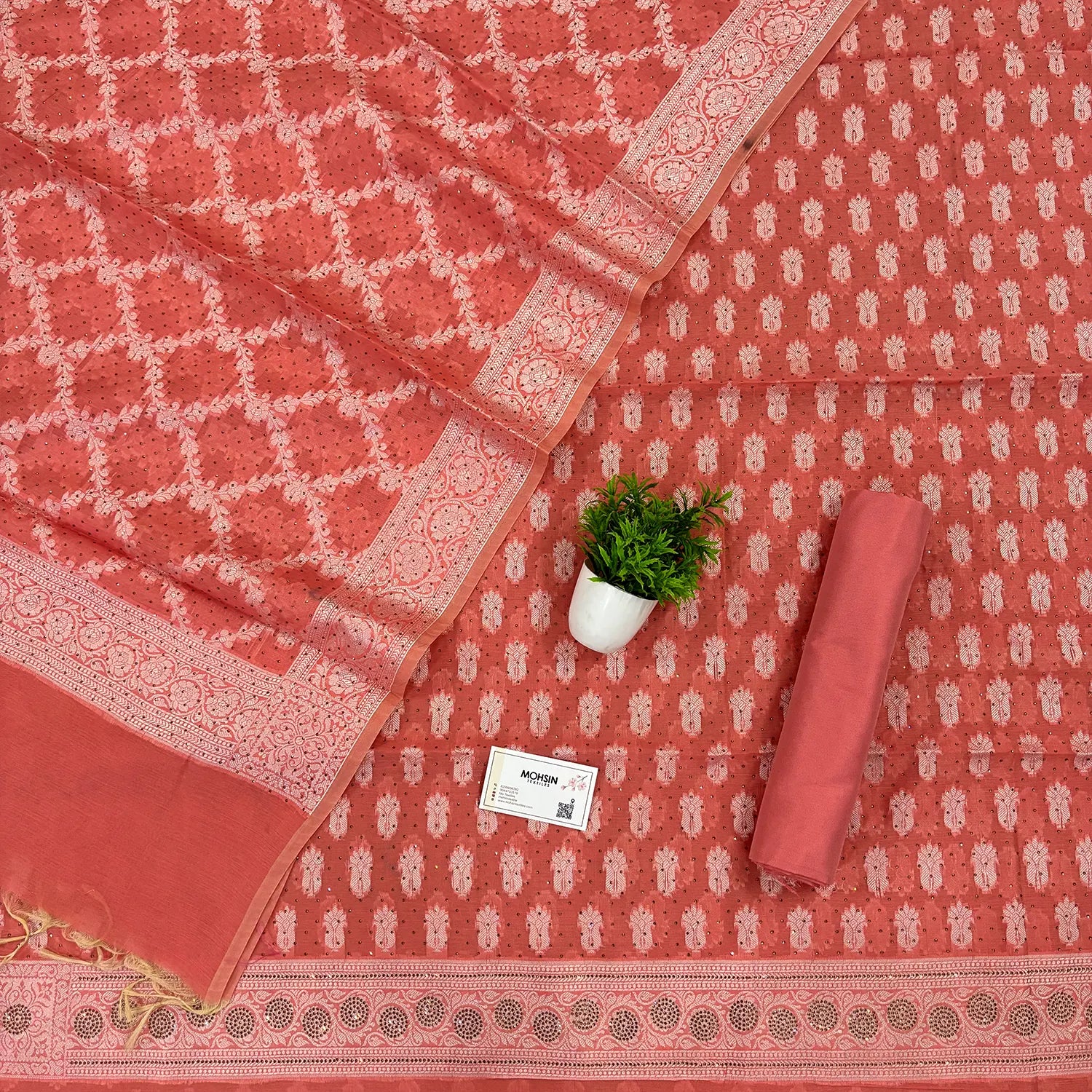 Peach Resham Zari Siroski Stone Cotton Silk Banarasi Suit