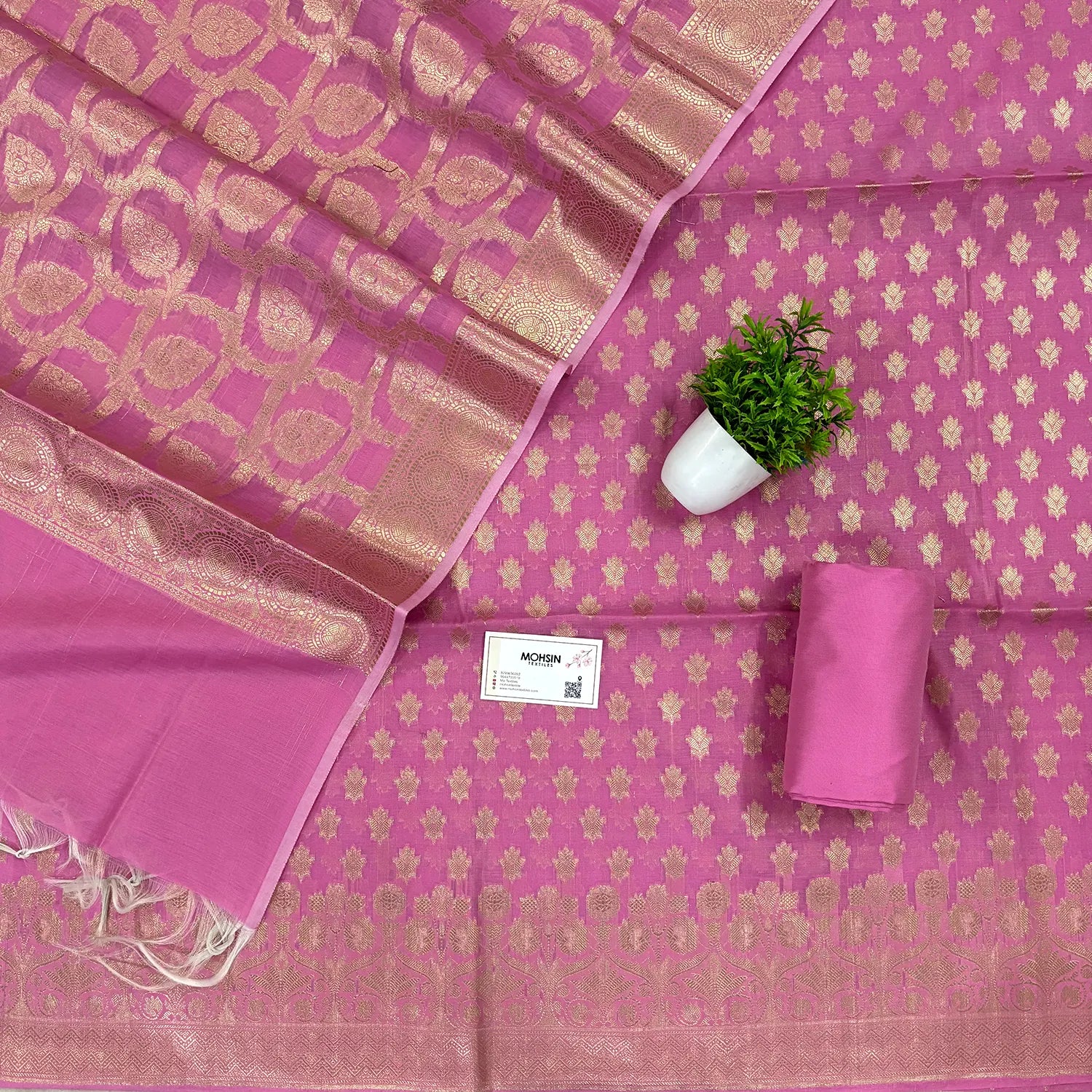 Pink Golden Zari Resham Silk Banarasi Suit