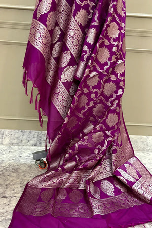 Purple Golden Zari Katan Silk Banarasi Dupatta