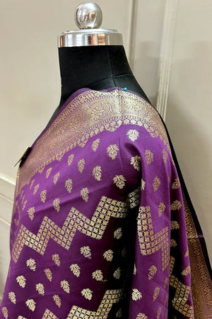 Purple Golden Zari Satin Silk Banarasi Dupatta