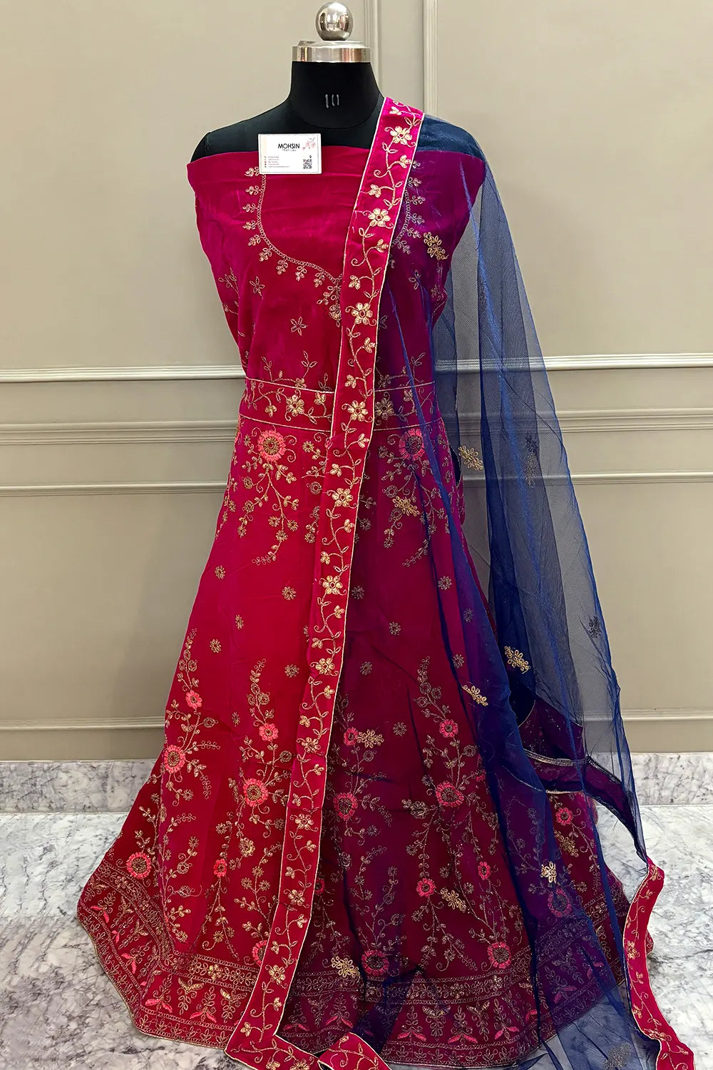 Rani Pink and Blue Zariwork Semi Stitched Velvet Lahenga