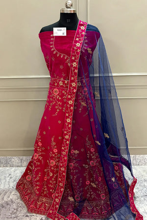 Rani Pink and Blue Zariwork Semi Stitched Velvet Lahenga