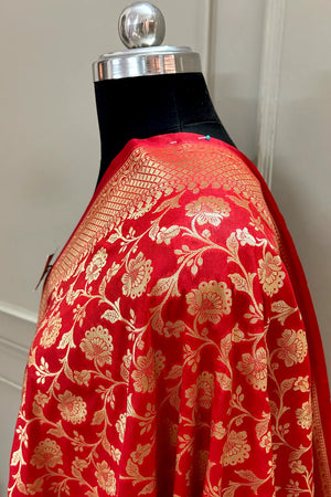 Red Golden Zari Katan Silk Banarasi Dupatta