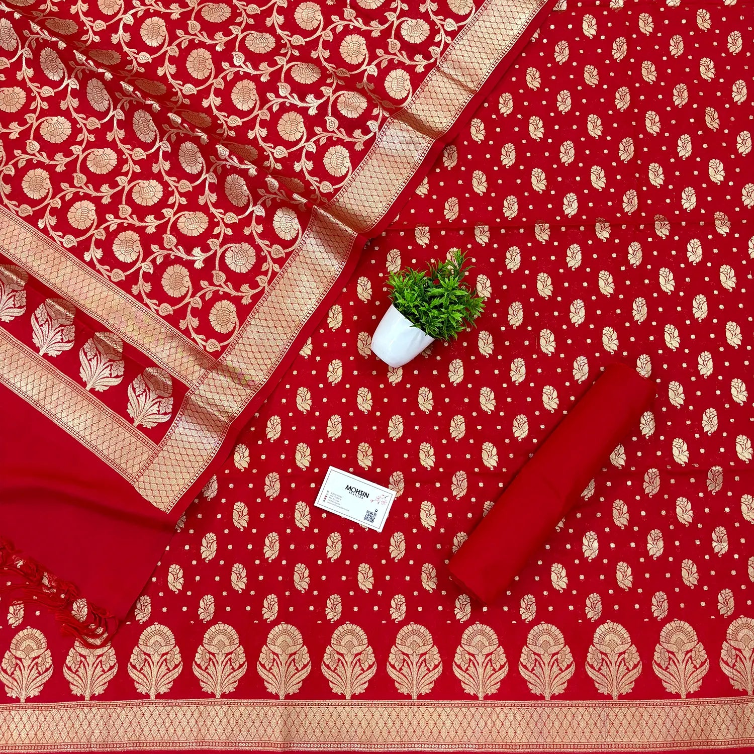 Red Golden Zari Katan Silk Banarasi Suit