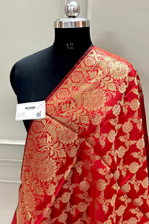 Red Golden Zari Satin Silk Banarasi Dupatta