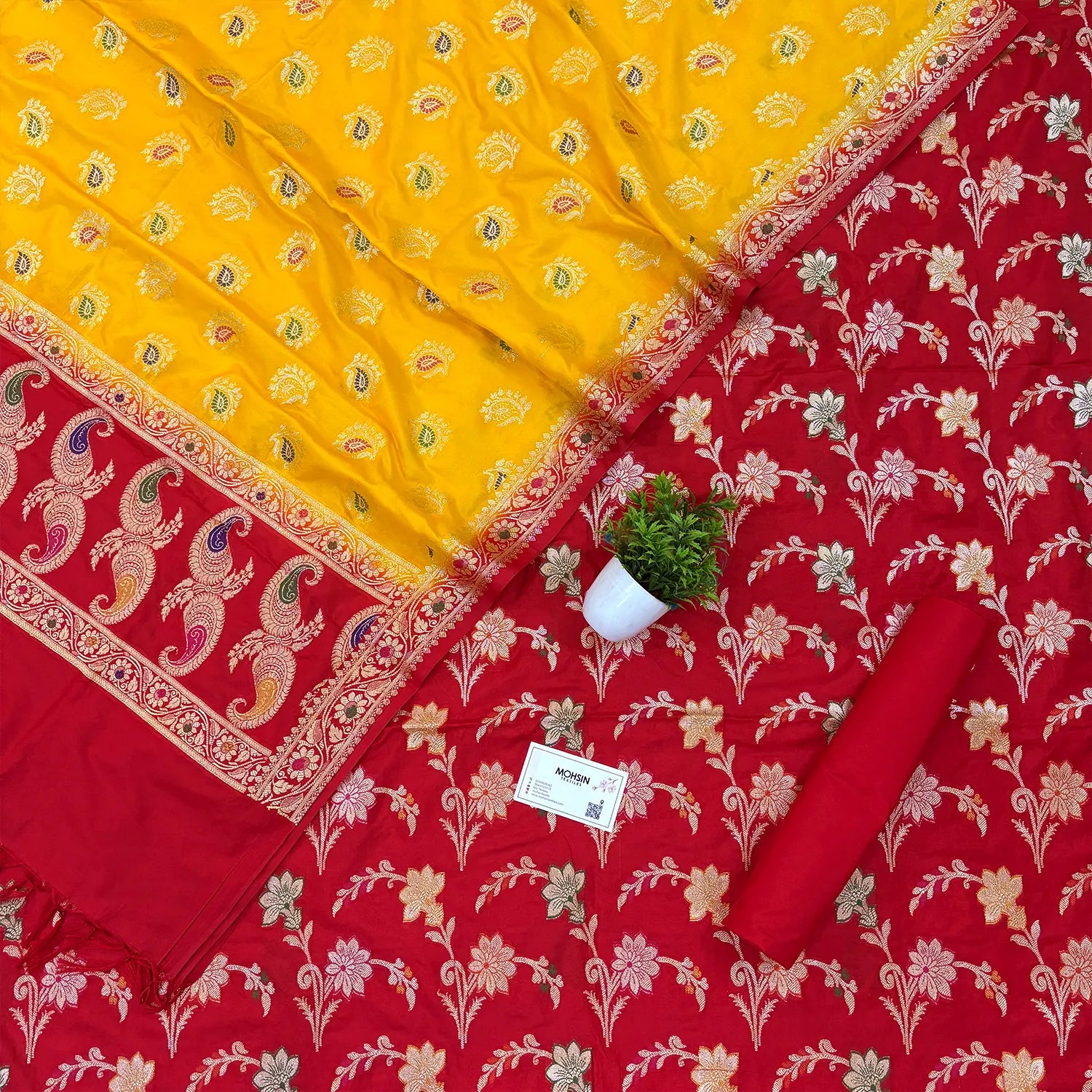 Red and Yellow Golden Zari Katan Silk Banarasi Saree