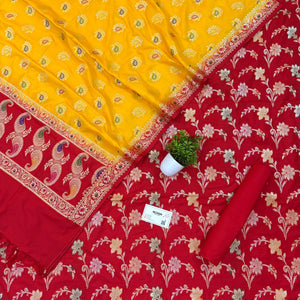 Red and Yellow Golden Zari Katan Silk Banarasi Saree