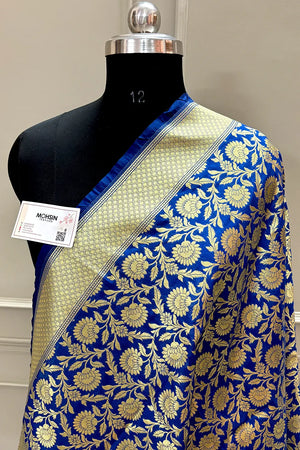 Royal Blue Golden Zari Katan Silk Banarasi Dupatta