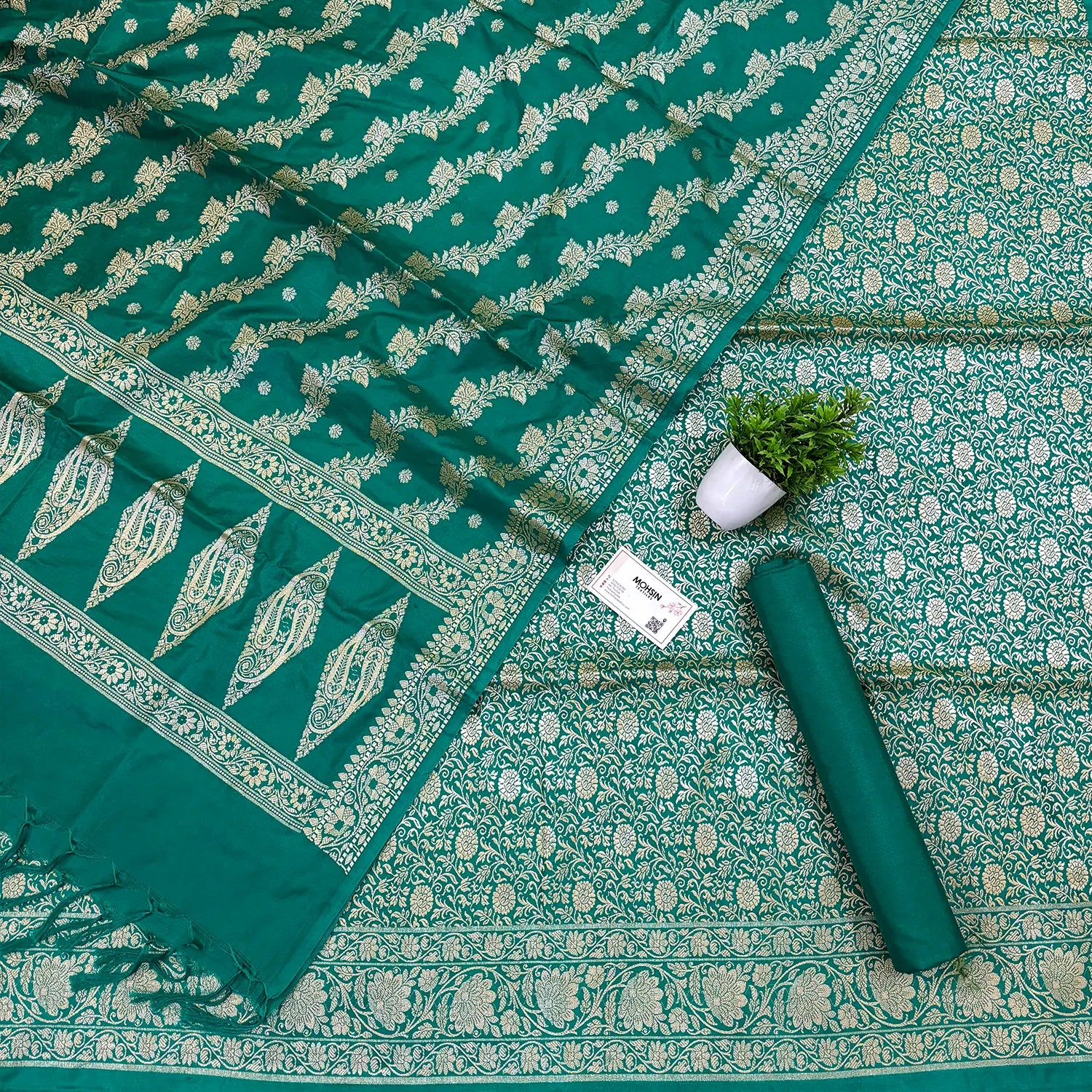 Sea Green Golden Zari Katan Silk Banarasi Suit