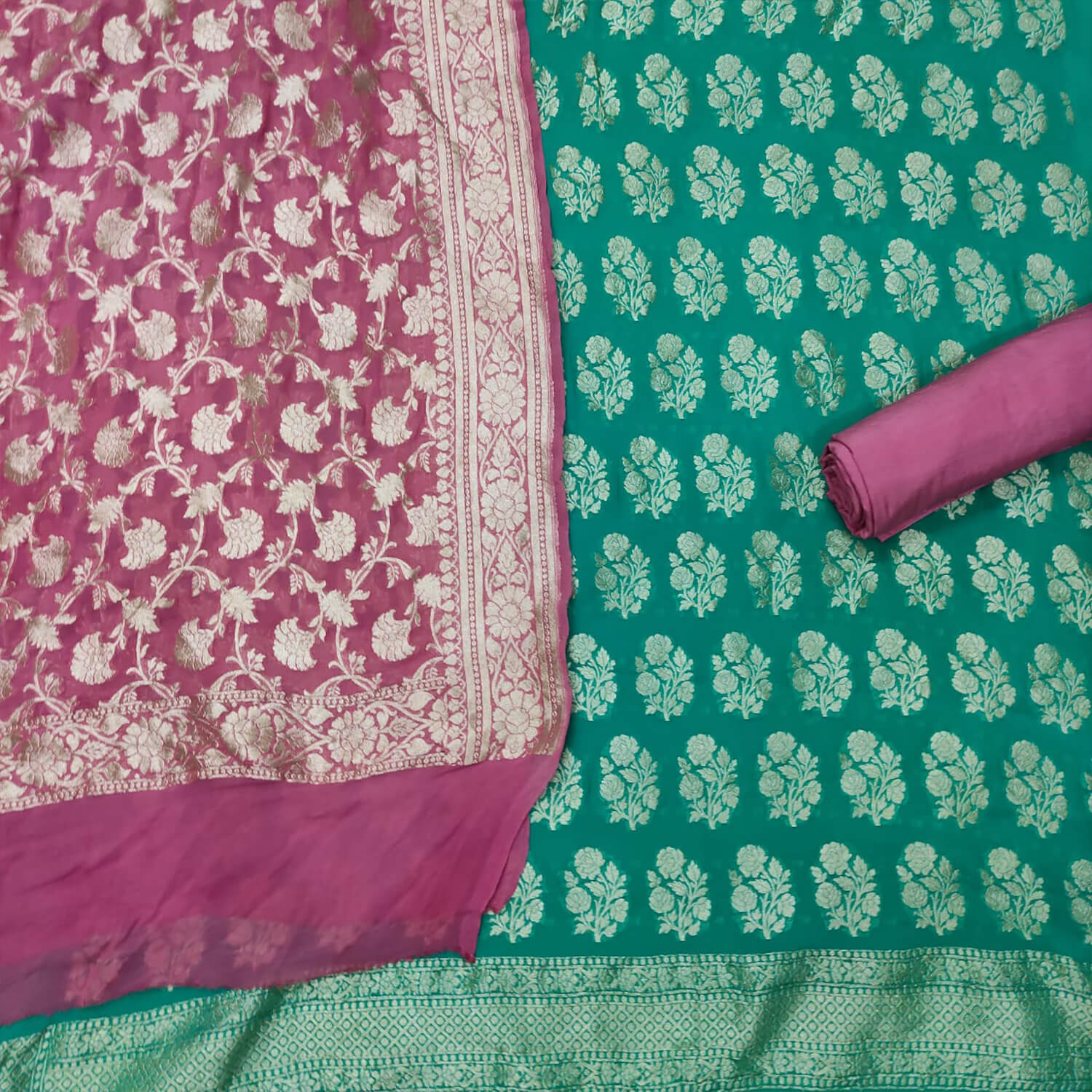 Sea Green and Baby Pink Handloom Georgette Banarasi Suit