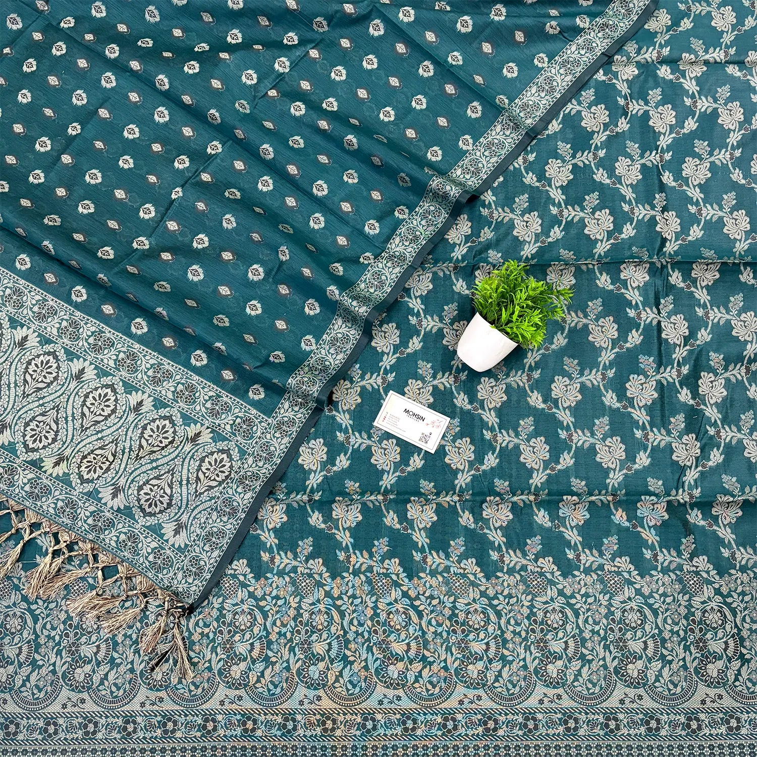 Teal Resham Zari Cotton Silk Banarasi Suit