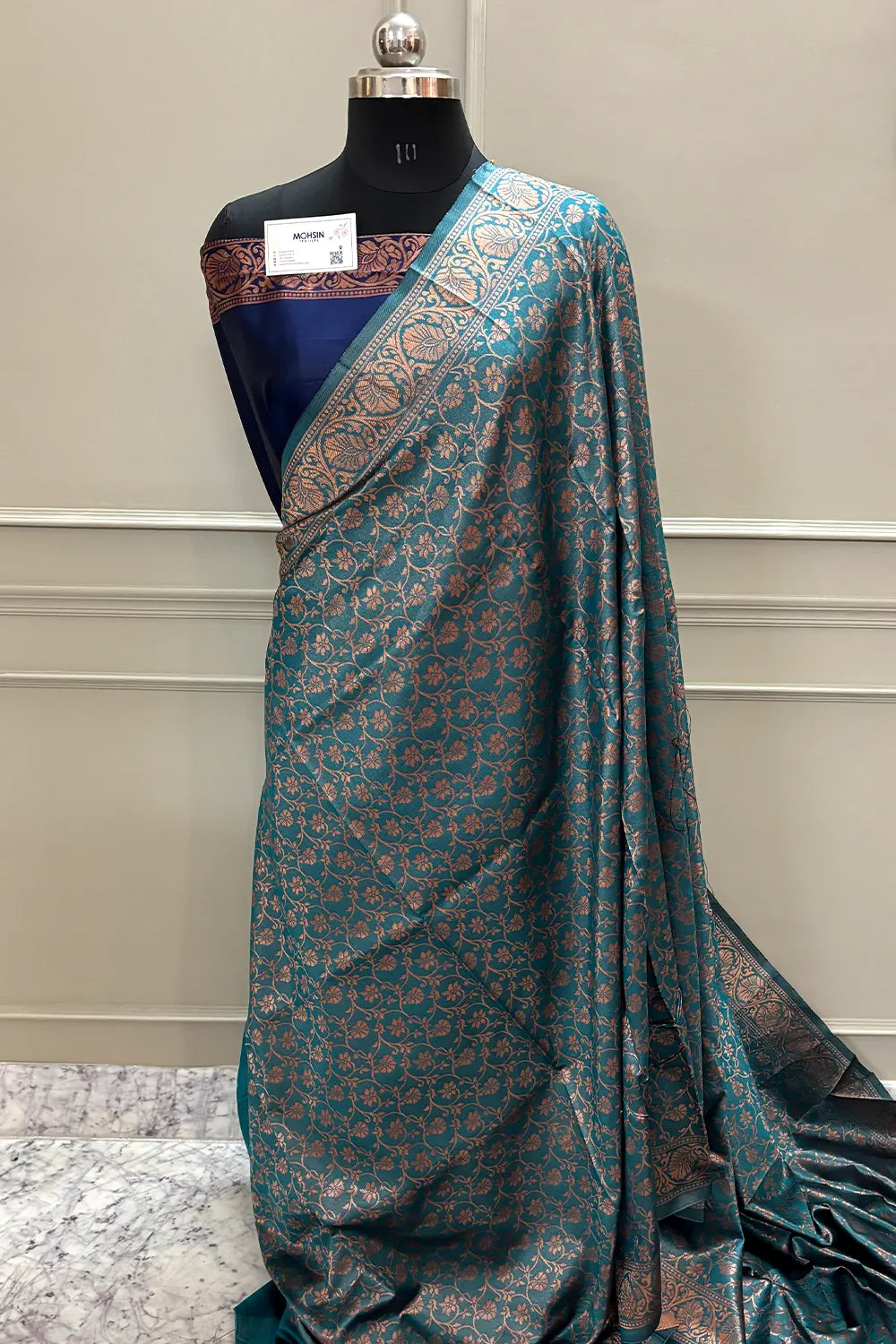Teal and Navy Blue Antique Zari Silky Banarasi Saree