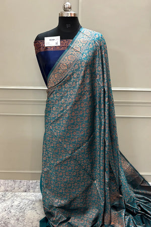Teal and Navy Blue Antique Zari Silky Banarasi Saree