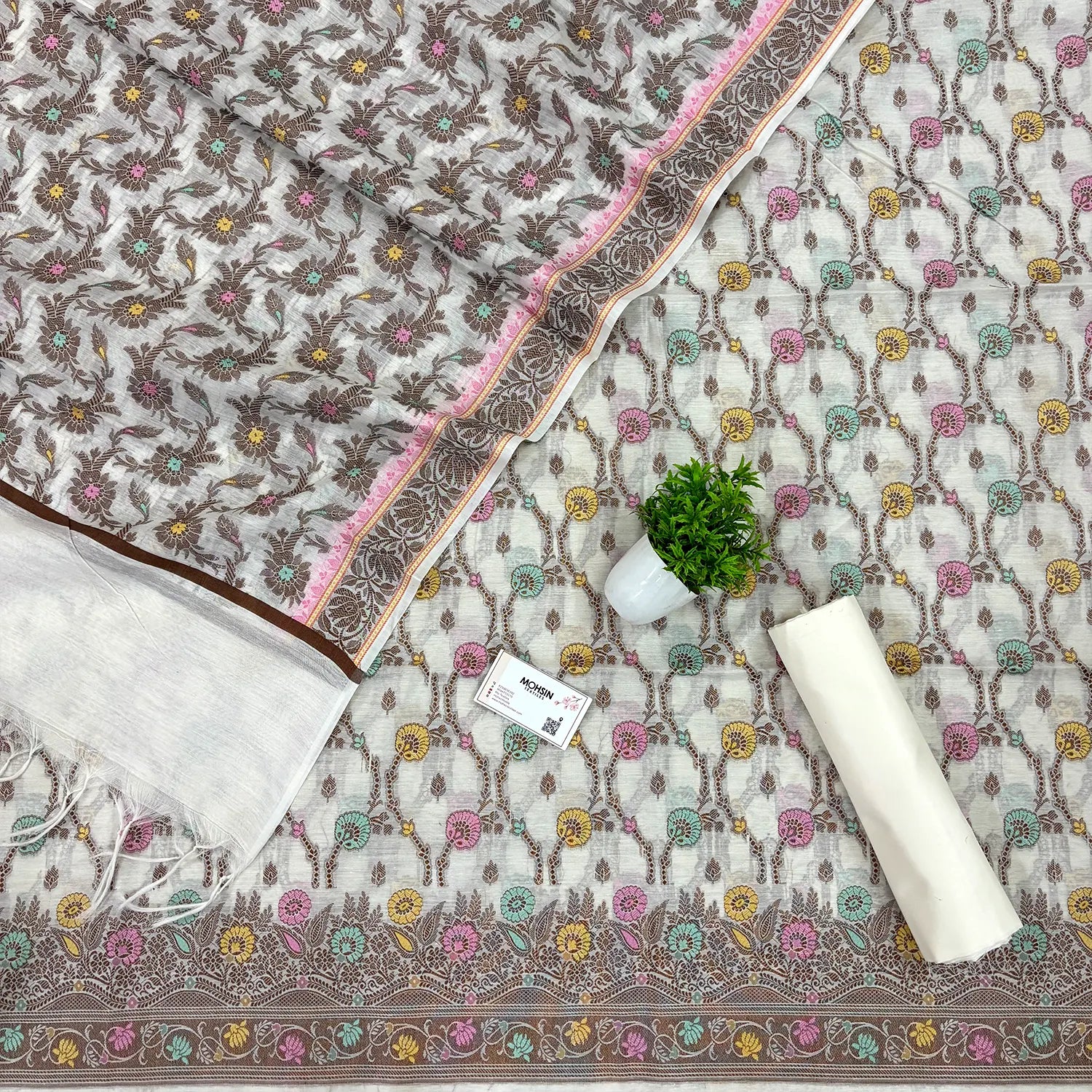 White Resham Zari Banarasi Silk Suit