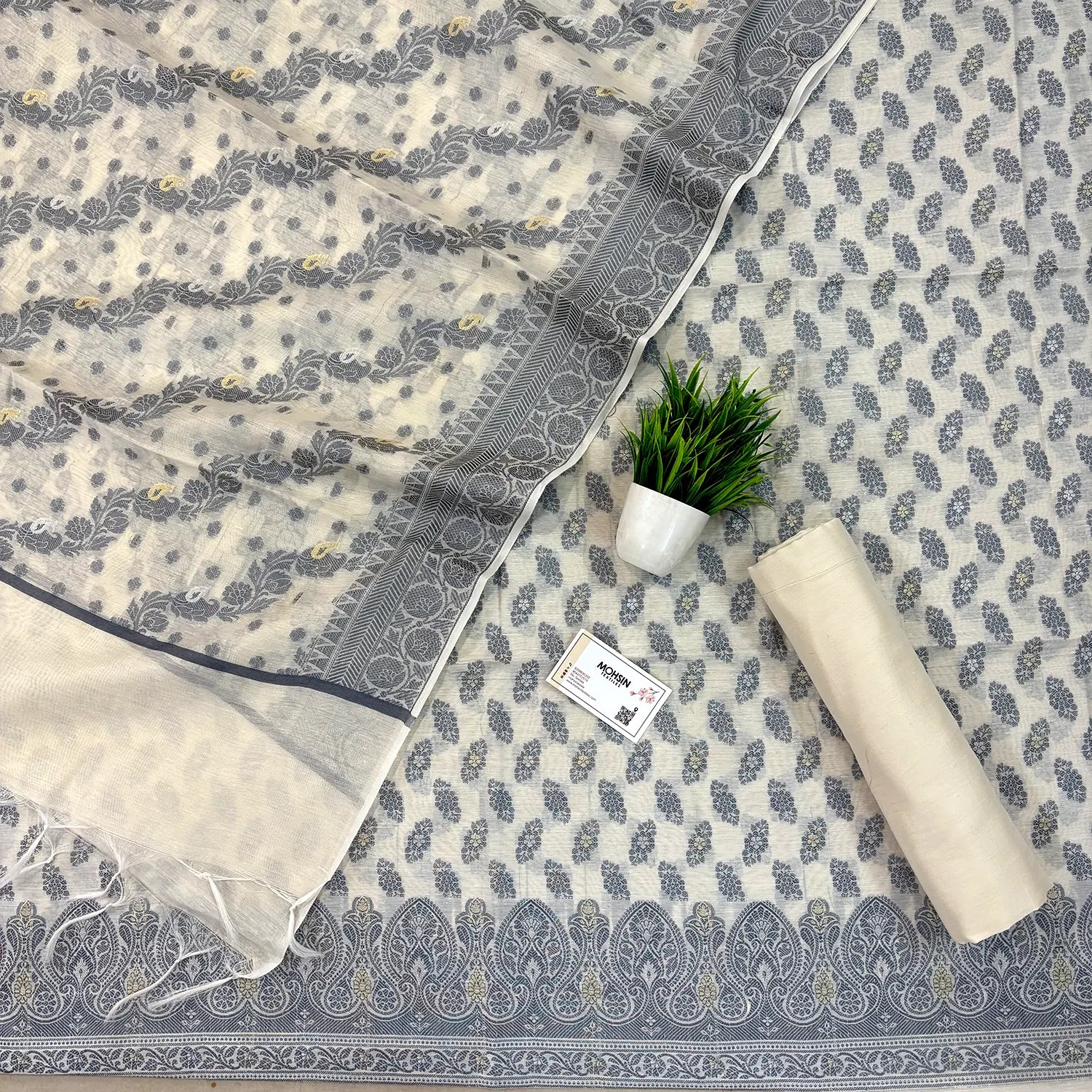 White Resham Zari Banarasi Silk Suit