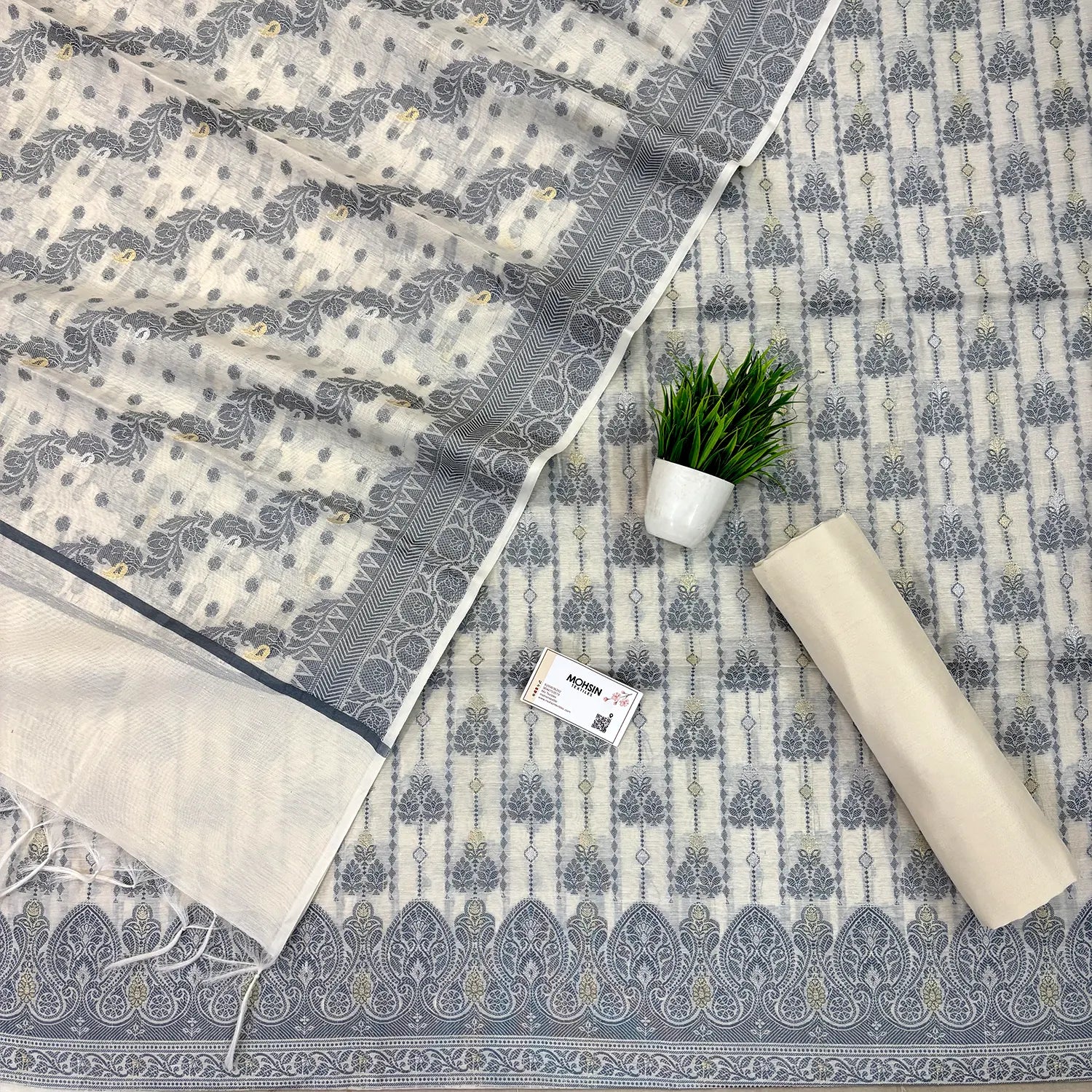 White Resham Zari Banarasi Silk Suit