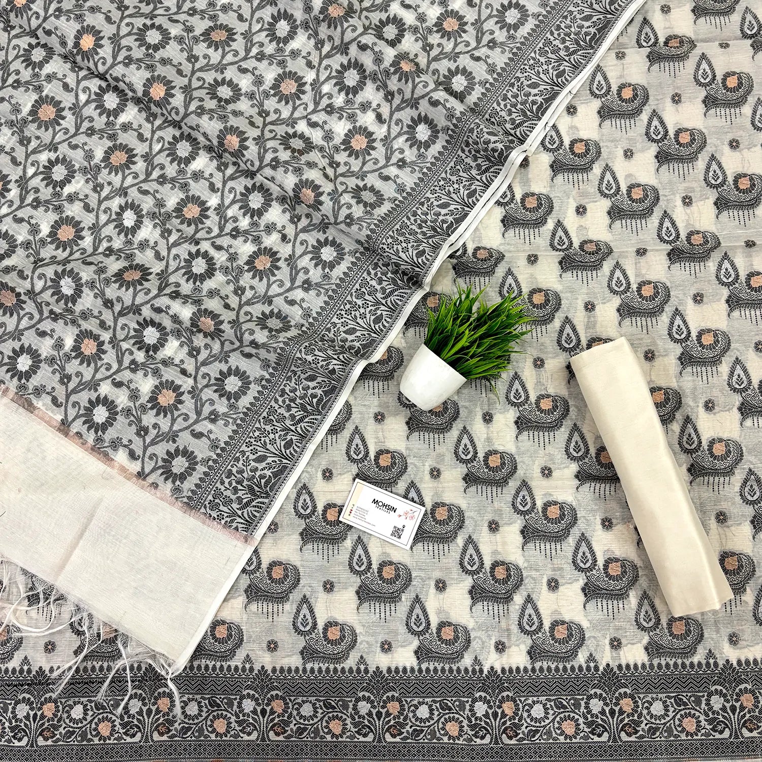 White Resham Zari Banarasi Silk Suit