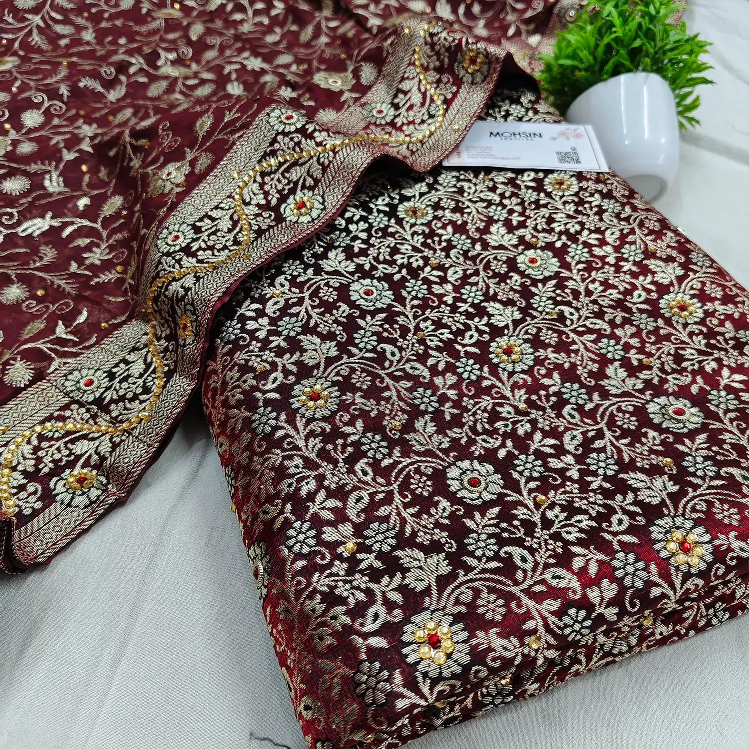 Wine Stone Work Kimkhab Silk Banarasi Gharara