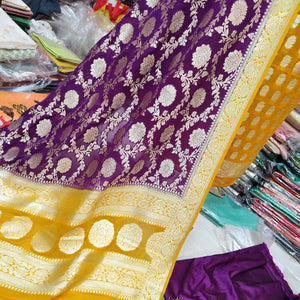Yellow and Purple Handloom Georgette Silk Banarasi Suit