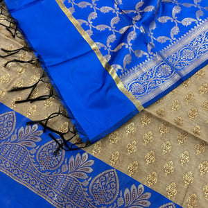 Beige and Royal Blue Badami Buti Banarasi Silk Suit