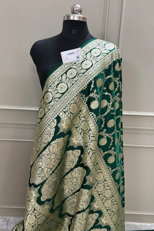 Bottle Green Murmuri Jaal Katan Silk Banarasi Saree